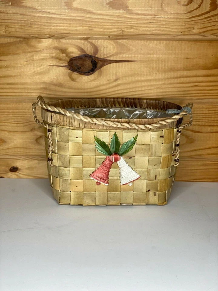 VTG Rope Handle Basket w-Hand Stitched Bells - 14" Tall/ Home Decor - Image 2 of 4