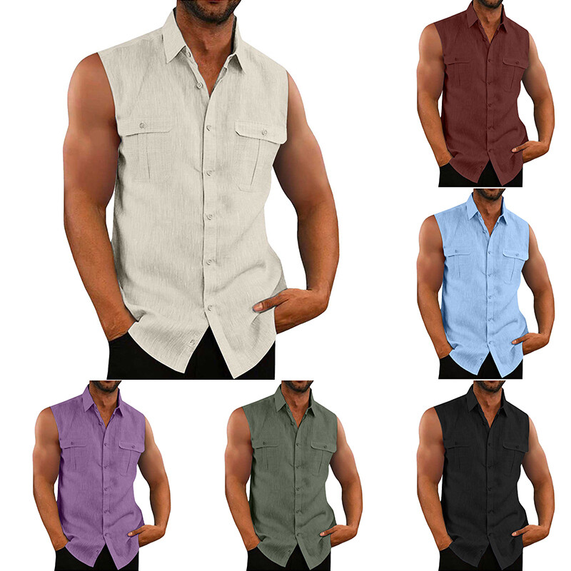 Sleeveless Tee Button Down Shirt Tank-Top Blouse Vest Pockets