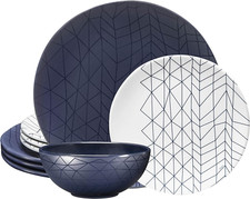 12 Piece Melamine Dinnerware Set - Durable, Dishwasher Safe Plates and Bowls - D