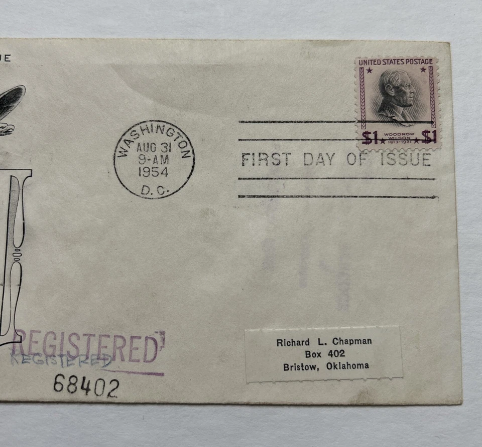 US 1954 Prexy FDC Woodrow Wilson $1 Stamp Registered Mail First Day Cover - Image 3 of 4