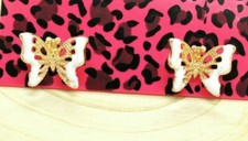 Pretty New Yellow Gold Plated White Enamel Butterfly Stud Earrings