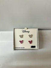 Disney Sterling Silver Pink  Silver Crystal Mickey Earring Set- NEW IN BOX