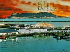 Vintage Postcard, ALGECIRAS, SPAIN,1981,Sunset At Port & Rock Of Gibraltar,To CT