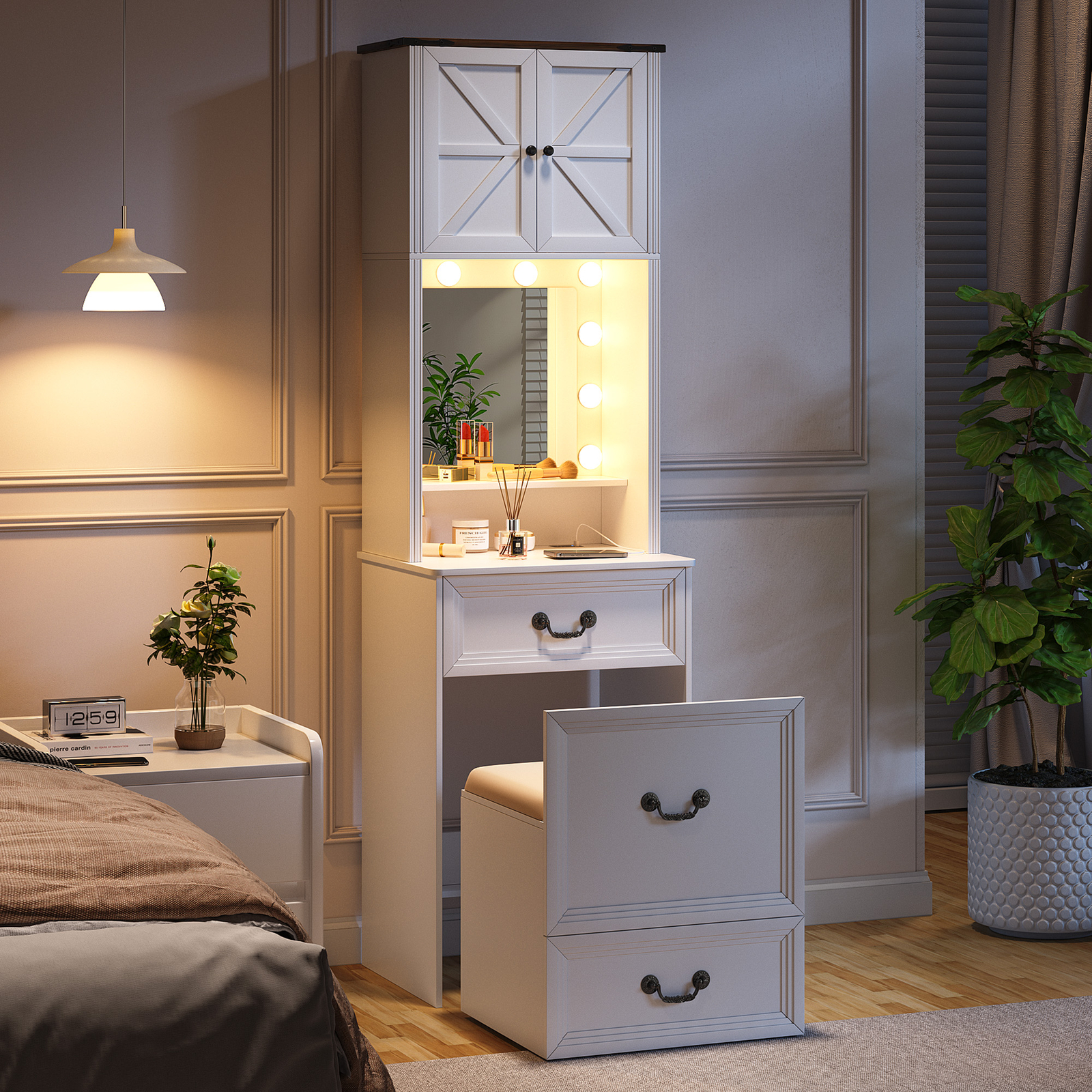 Compact Vanity Makeup Desk with Mirror Light Storage Drawers and Stool
