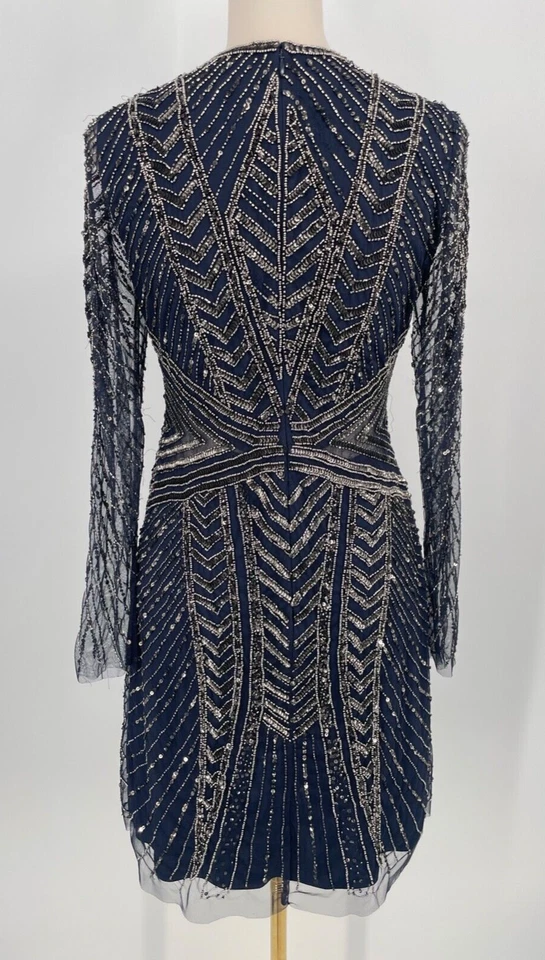 Adrianna Papell women's 6/S Beaded Long Sleeve Mesh Sheath Dress Navy sheer $329 - Image 3 of 4
