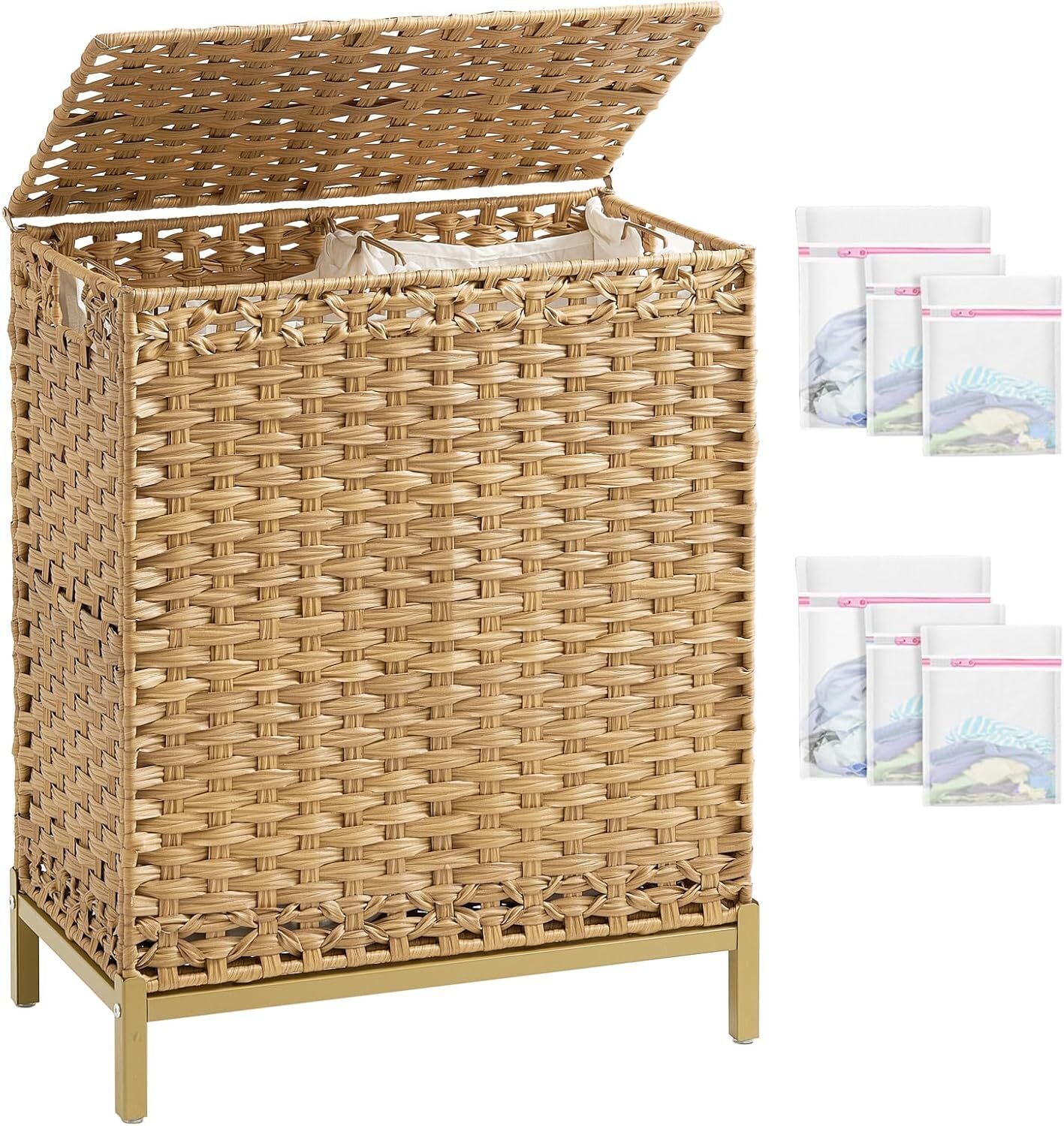 Laundry Hamper with Lid, 112 L Rattan Basket, 2 Liners, Metal Feet, 6 Mesh Bags-image