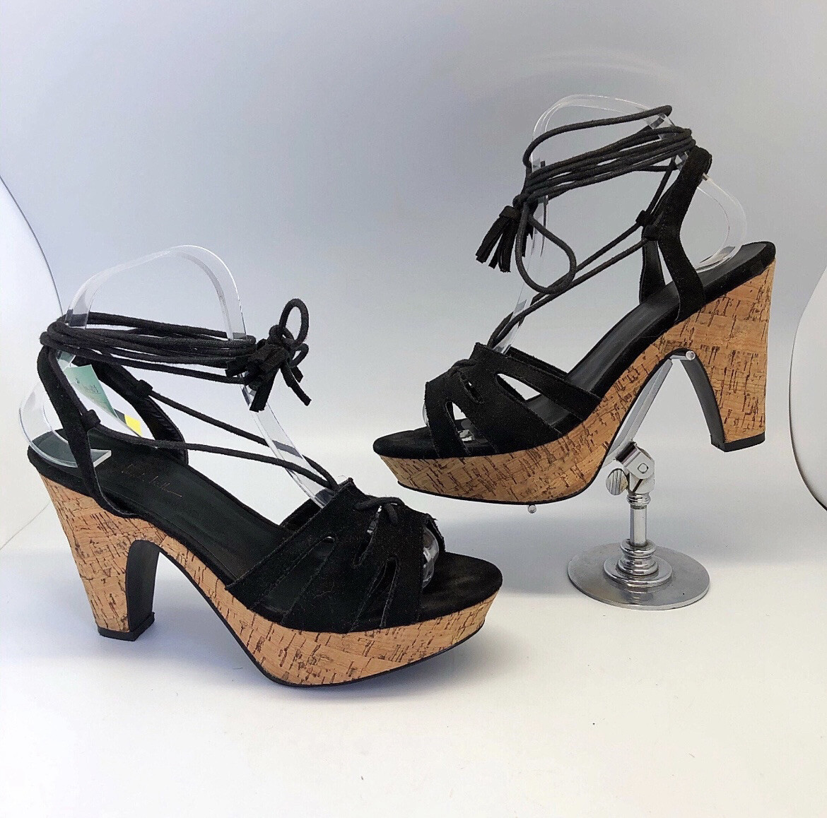 1990’s does 40’s SZ 8.5 black vegan suede open toe lace up cork platform heels