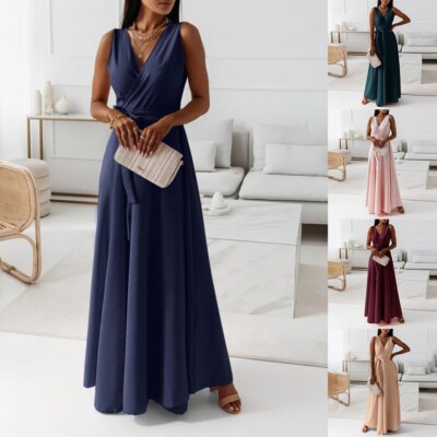 V Ausschnitt Maxi Kleid Lange Abendkleid Party Prom Hochzeit Brautjungfernkleid