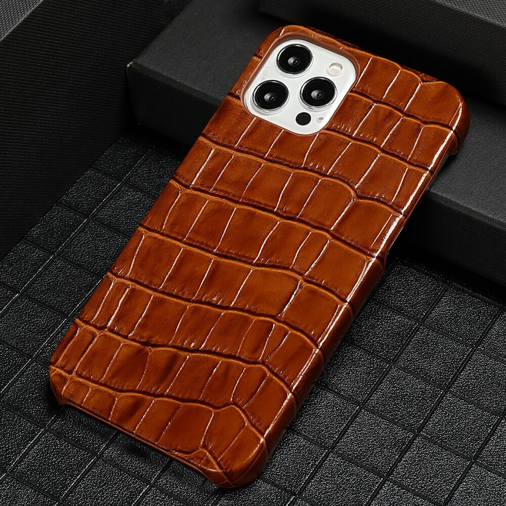 Genuine Leather Glossy Case for iPhone 14 15 Pro Max Crocodile Grain Armor Case