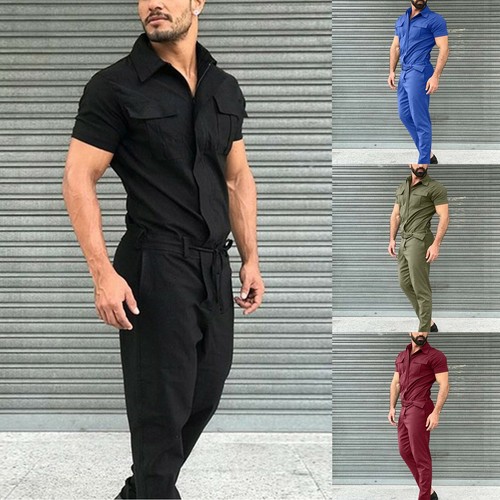 HISEA Men's Short Sleeve Zip-Up Coverall - Twill, Stain Resistant, 7 Pockets (Summer Work Jumpsuit)