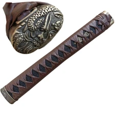 26cm Coffee Leather Handle Tsuka Black Rayskin For Japanese Katana Samurai Sword