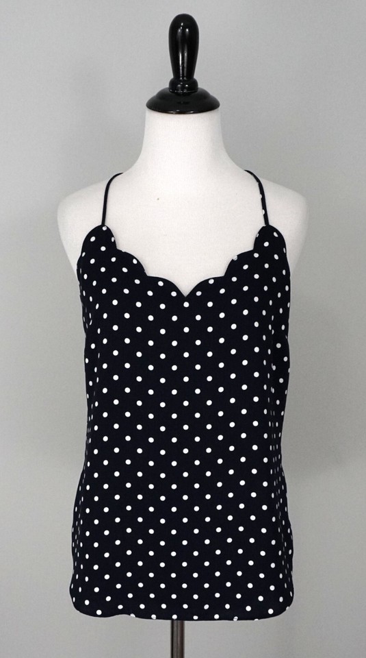 J. CREW Navy Blue Sleeveless Scalloped VNeck Polka Dot Spaghetti Strap