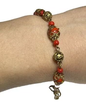 Vintage Bracelet Victorian Revival Red Glass Painted Bead Filigree 7.5 In SS1301