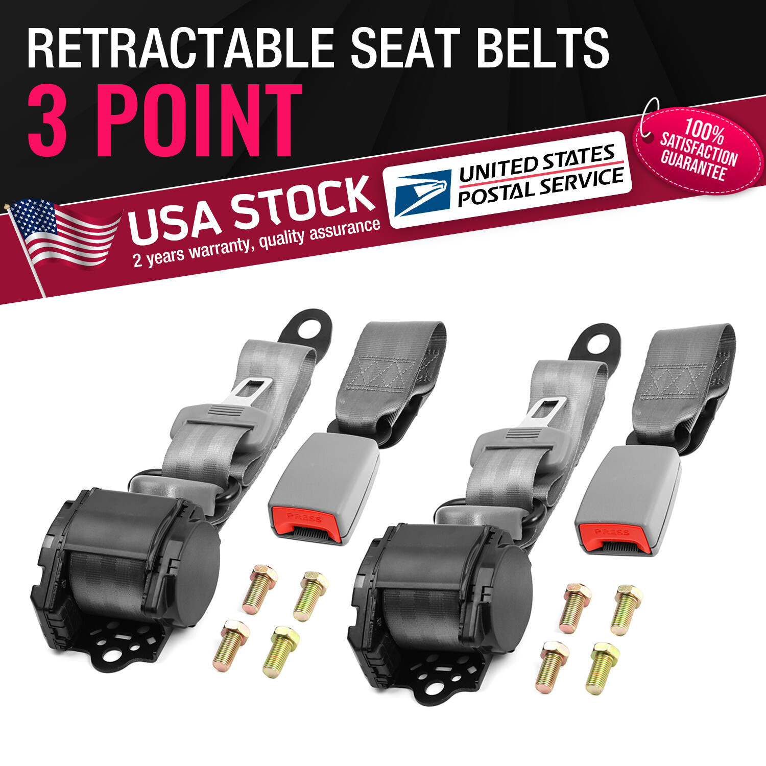 Retractable 3 Point Seat Belt Car Auto Vehicle Adjustable Safety Belt Strap Kit