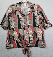 Naif Top Women’s Medium Geometric Short Sleeve Button Up Blouse Collared Tie Hem