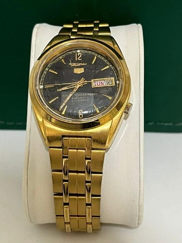 Seiko 5 Vintage Automatic Day Date Gold Tone Watch 6139-6012 Japan 21 Jewels