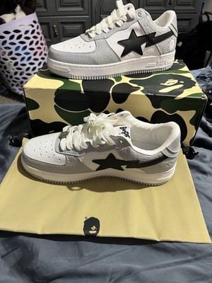 A Bathing Ape Bape Sta White Gray Black Embossed Low Top Sneakers