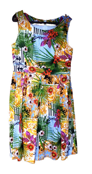 Leoni Jungle Floral Fit & Flare Dress Size 12 Green Pink Tropical Midi Summer