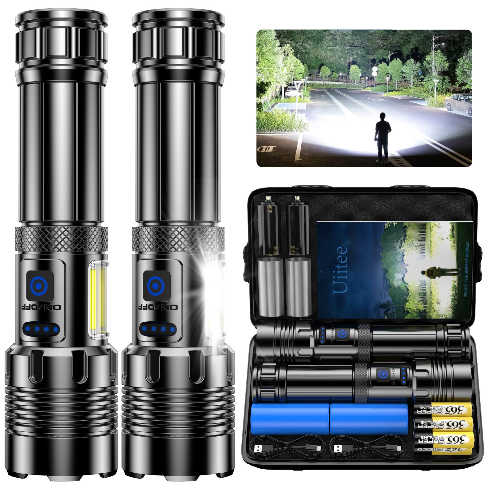 Super Bright 990000 Lumen LED Flashlight 2 Pack Rechargeable High Lumens
