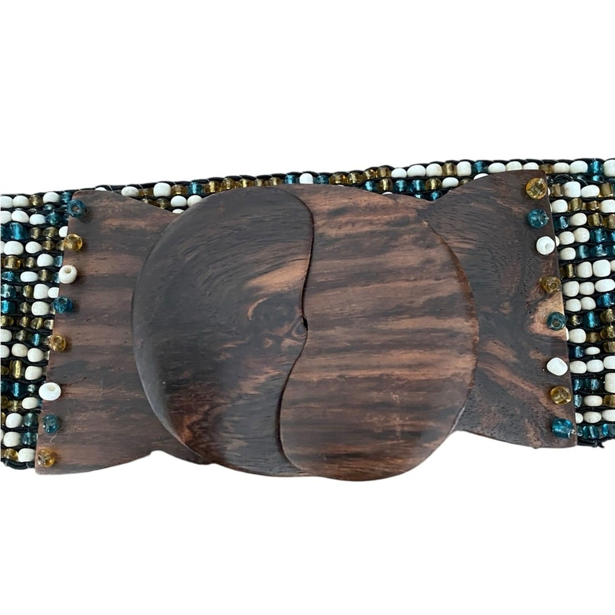 Vintage Beaded Stretchy Wide Waist Belt Wood Buckle Green Cream Gold beltmageddon (2 of 3) all in the etsy shop now; Edwardian  main image 4