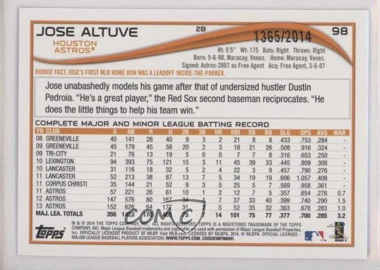 2014 Topps Opening Day Blue Holofoil /2014 Jose Altuve #98 - Image 2 of 2