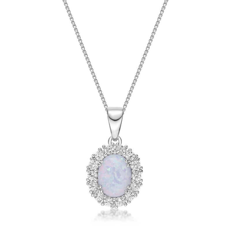 925 Sterling Silver Oval Created Opal Pendant With White Topaz Halo Fine Jewelry