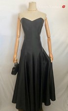 VINTAGE 1980'S COUTURE SATIN SWEETHEART CORSET TEA LENGTH PARTY DRESS IN BLACK