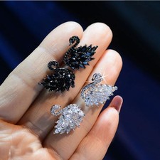 Womens Crystal Swan Stud Earrings Cubic Zirco...