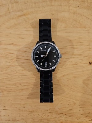 Womens Rare Black Acrylic Michael Kors Crystal Accent Watch Model MK-5205