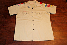 Boy Scouts of America BSA Men's Shirt Tan Large Sewn Patches Short Sleeve