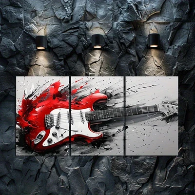 3pcs Oil Painting of a Powerful Guitar Wall Art Canvas Framed 50x70cm - Image 1 of 3