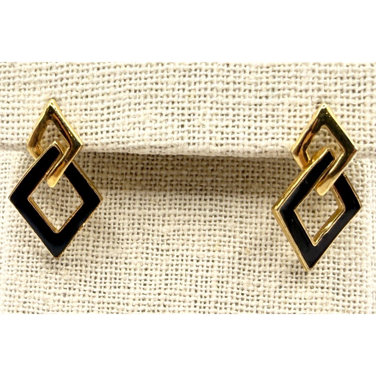 Gold Black Enamel Geometric Pierced Earrings Retro 80s style