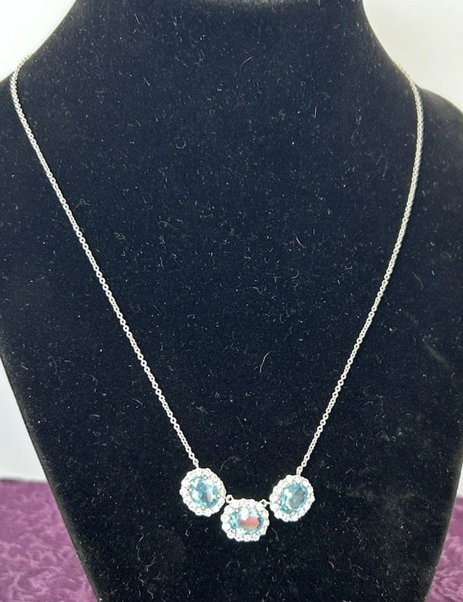 纯银蓝色黄玉项链 9 英寸生动实验室创造珠光 11.3 克拉 — 第 2/4 张图片