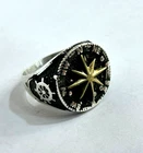 Nautical Compass Ring - Oxidized 925 Silver with Gold Accents - 10g - Size 11.25