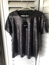 DKNY NWT XL SEQUINE TOP SHIRT Brown Metallic W Sky Gray Trim