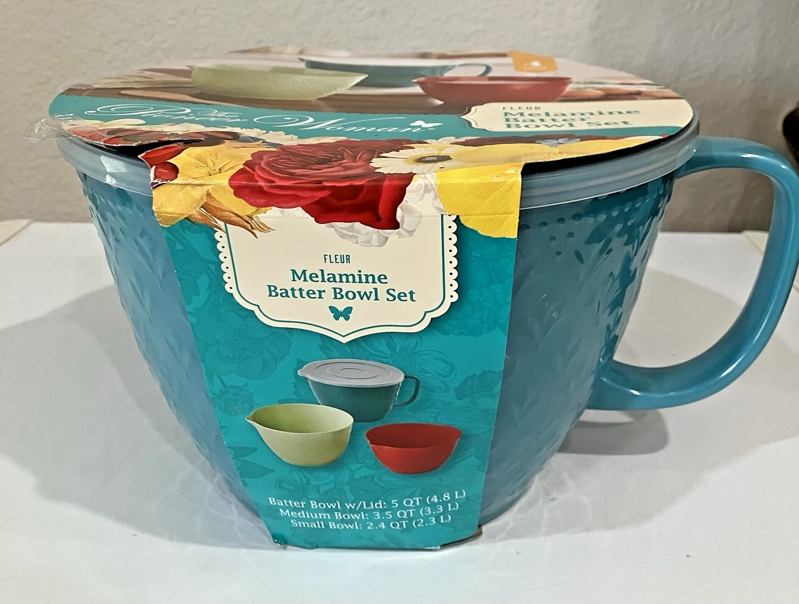 Pioneer Woman Nesting Batter Mixing Bowls Fleur Melamine Lid 2.4 qt 3.5qt & 5qt