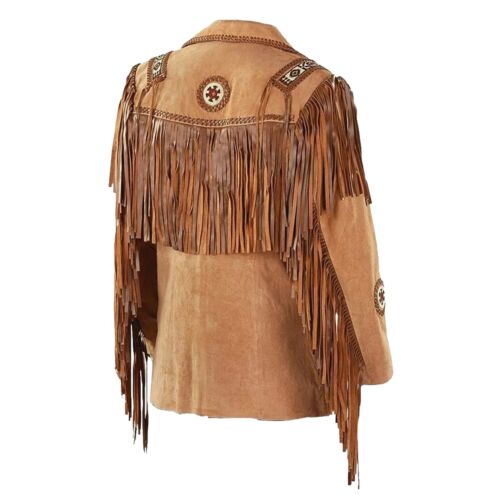Men Western Cowboy Suede Fringe Jacket Beaded Native American Leather Jacket - Picture 3 of 5