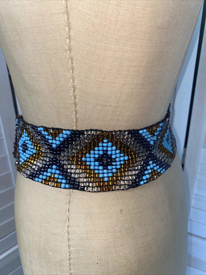 Southwest Themed Blue Beaded Stretch Belt Wooden Clasp, See Photos 2.5”x30.5” - Image 4 of 4