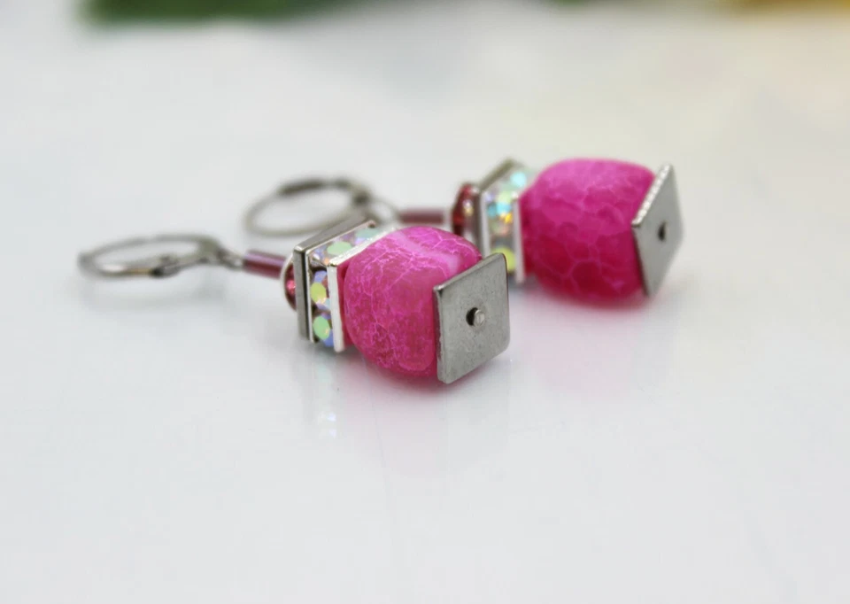 Würfelohrringe Ohrhänger Würfel Perlen Achat Pink Strass Edelstahl #L036 - Bild 3 von 4