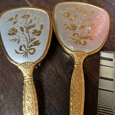 Vintage Gold & Silver, Mirror Brush Comb Vanity Set Roses 