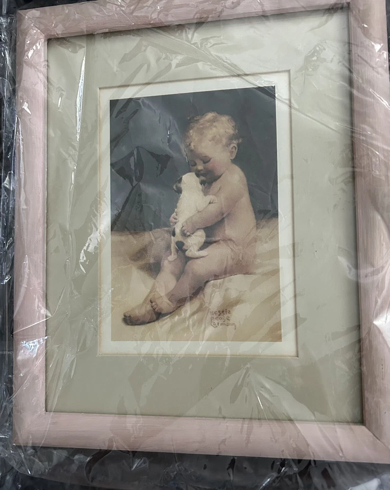 Impresión artística de Bessie Pease Gutmann CHUMS marco rosa rizos rubios bebé y cachorro raro Foto 4 de 4