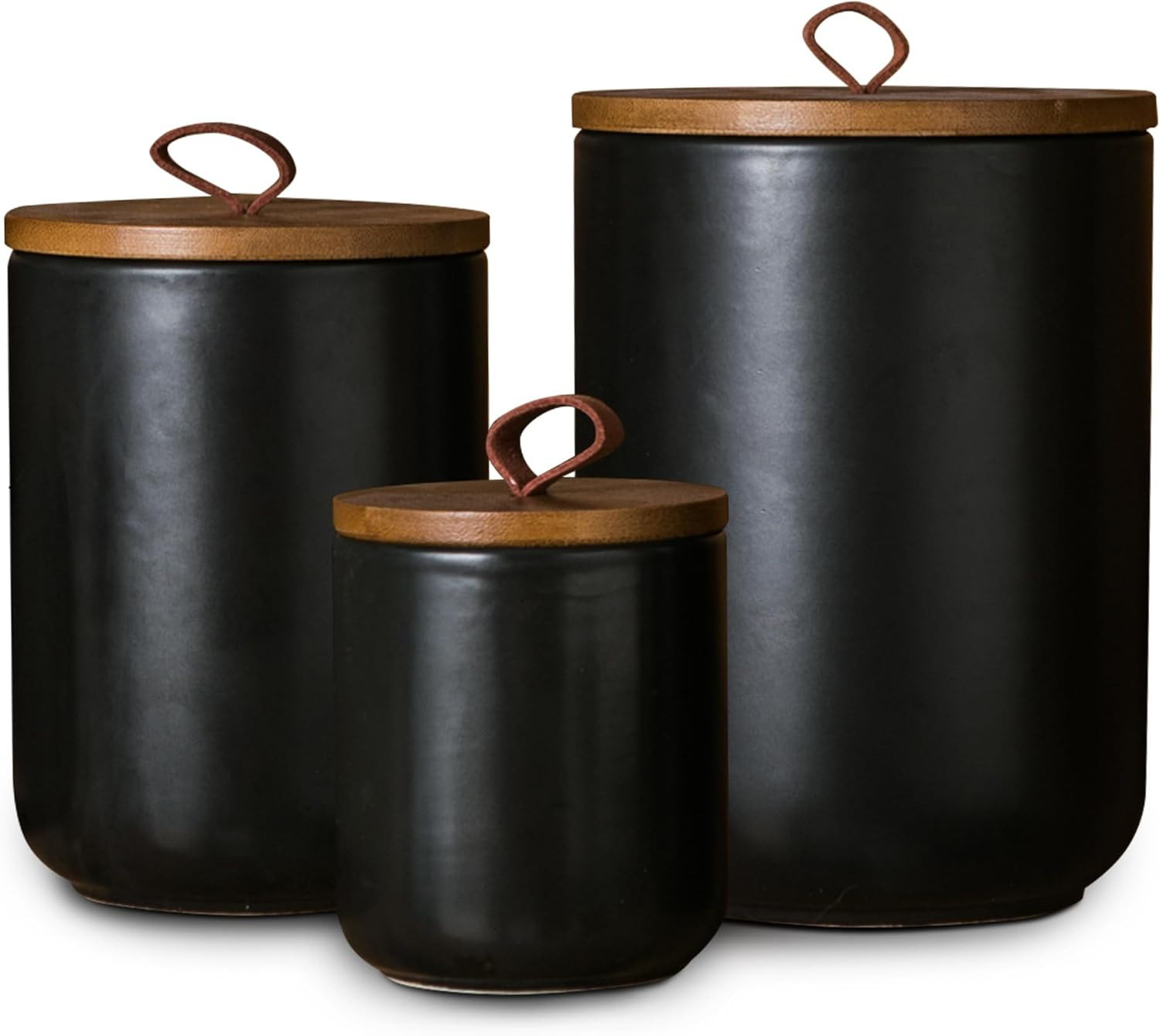 Black Ceramic Canister Set with Wooden Lid, 3-Piece Airtight Food Storage Jars f