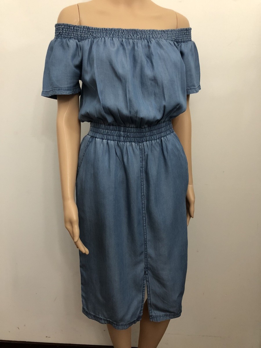 Blue Denim Look Chambray Off Shoulder Short Sleeve Dress