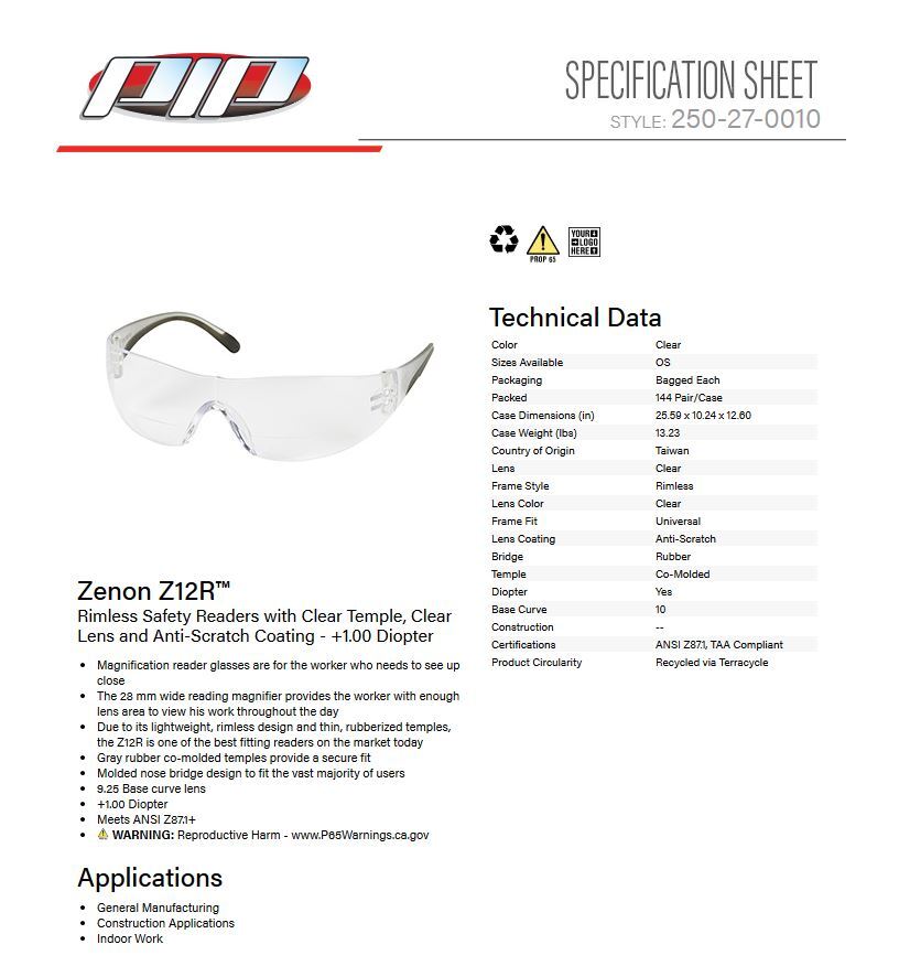 Bouton Zenon Z12R Bifocal Safety Glasses Black Temple Trim Clear Lens