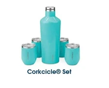 Uline Branded - Corkcicle 60 oz Canteen w/ 4 Stemless Wine Glass Set - Turquoise