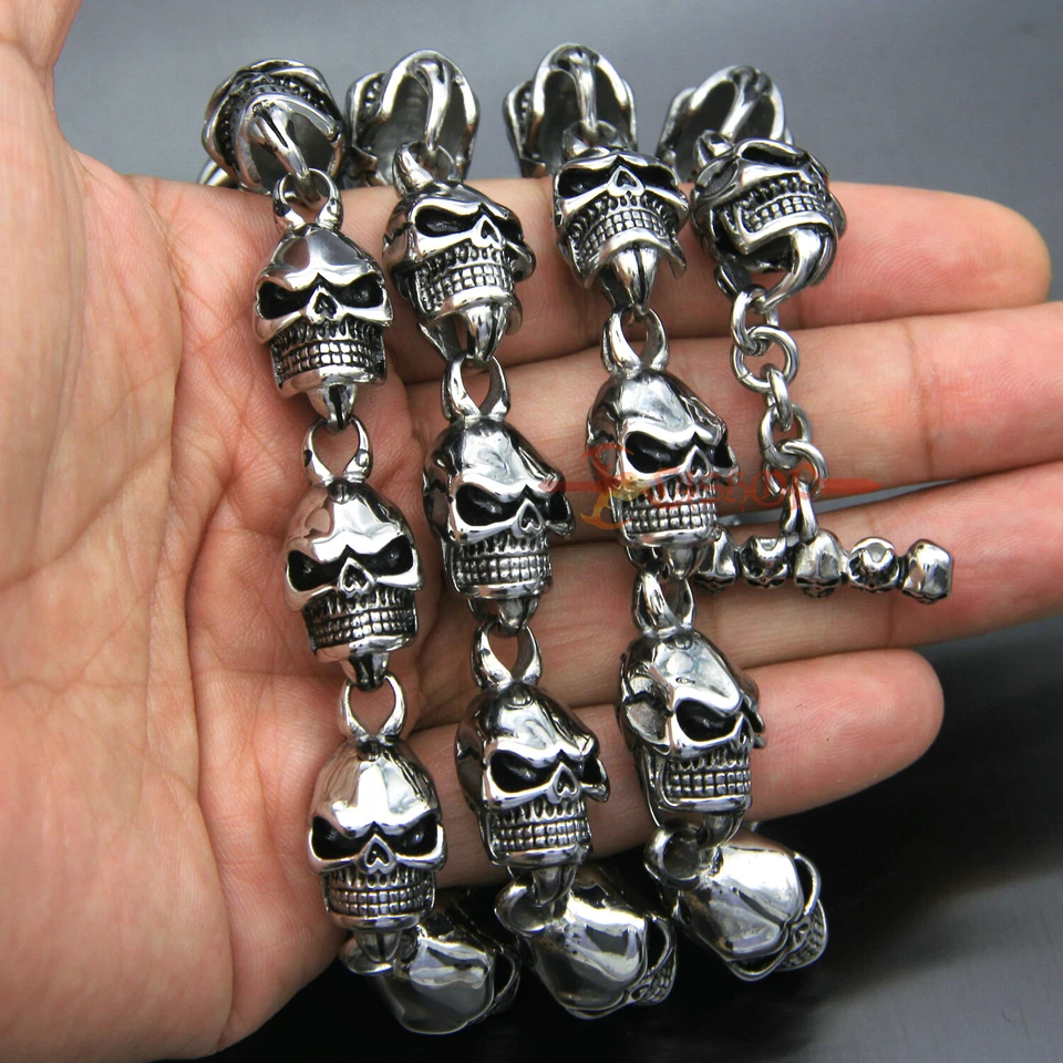 Collar de eslabones de cadena de calavera de acero inoxidable pesado retro plateado gótico punk para hombre Foto 3 de 4