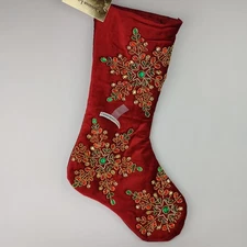 Christian Lacroix Luxury 22" Christmas Stocking Red Gold Beaded Snowflakes B