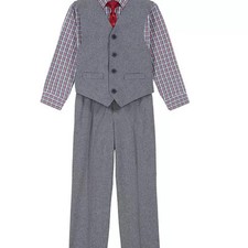 NEW KIDS BOYS IZOD GRAY RED 4 PIECE SUIT SET VEST SHIRT PANTS TIE SIZE 4