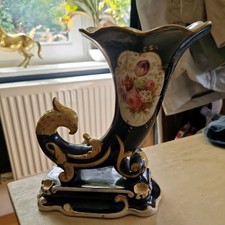Antique Porcelian Vase French Paris ?  Painted Floral Cornucopia Blue Griffin