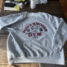Powerhouse Gym Sweatshirt Mens Grey Graphic Pullover Crewneck see measurement